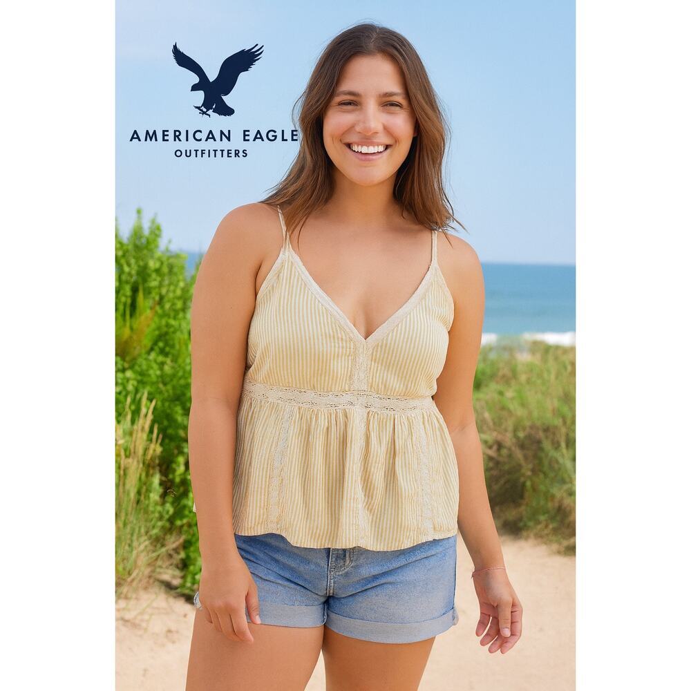 American Eagle Tan & White Striped Tank Sz. L